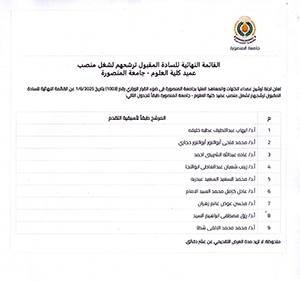 القائمة النهائية للسادة المقبول ترشيحهم لشغل منصب عميد كلية العلوم - جامعة المنصورة