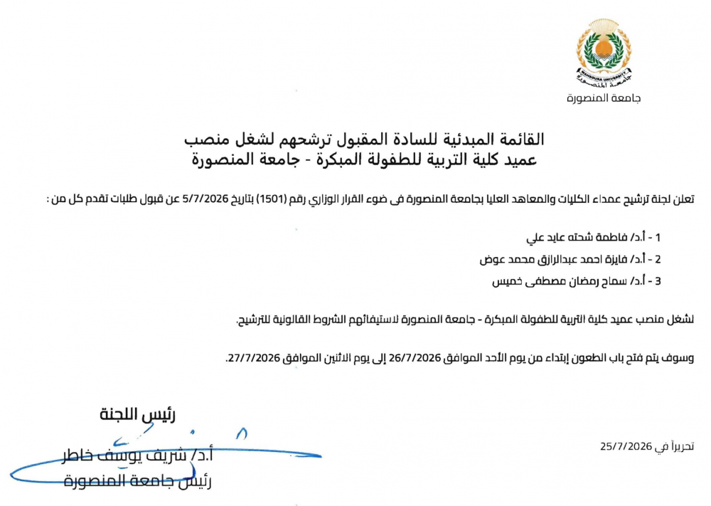 القائمة المبدئية للسادة المقبول ترشيحهم لشغل منصب عميد كلية التربية للطفولة المبكرة- جامعة المنصورة